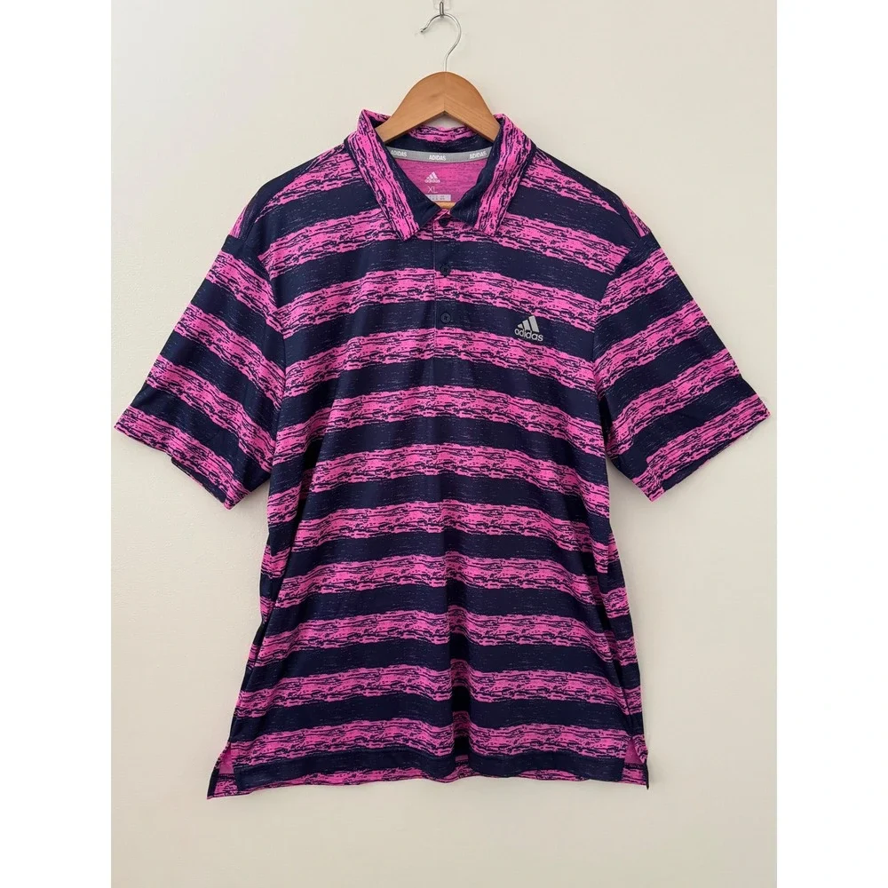 Adidas Golf Polo Shirt XL Pink Navy Striped Performance Short Sleeve Mens